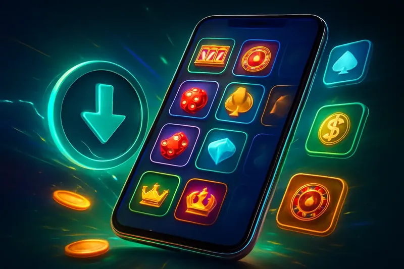 Glossy smartphone casino app banner with neon download symbol and glowing tiles
