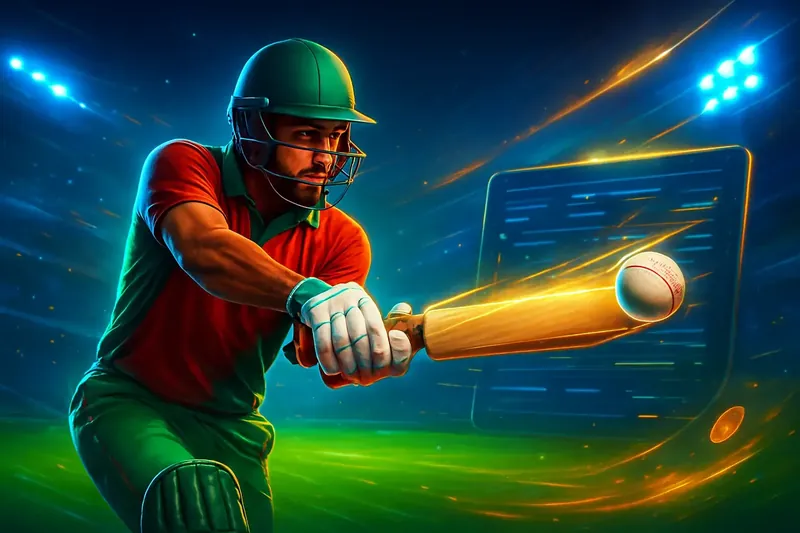 Cricket batter striking ball under stadium lights in dynamic sportsbook banner