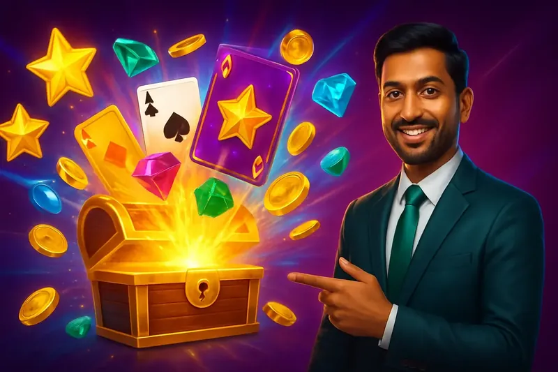 Glowing reward chest with bonus cards, coins, gems, and stars