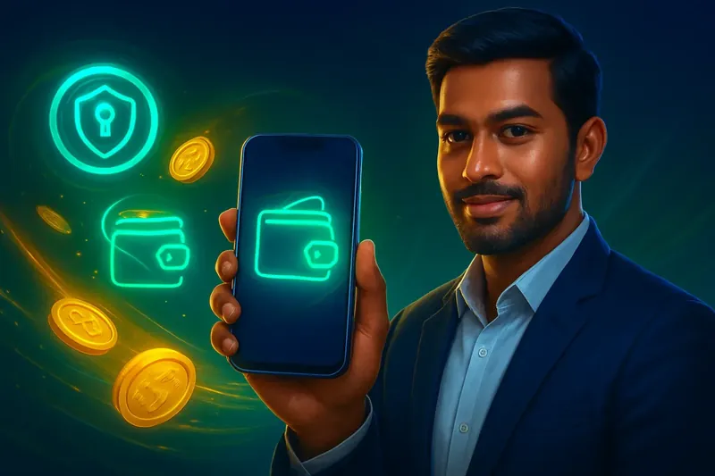 Hand holding smartphone with secure mobile wallet, coins, and speed light trails