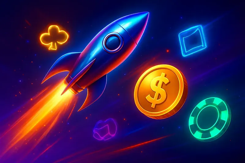 Glossy rocket launch casino banner with neon speed trails and game particles