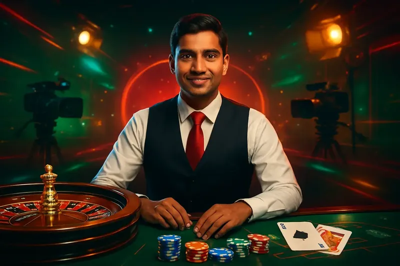 Friendly professional live dealer with roulette, cards, chips, and studio lights