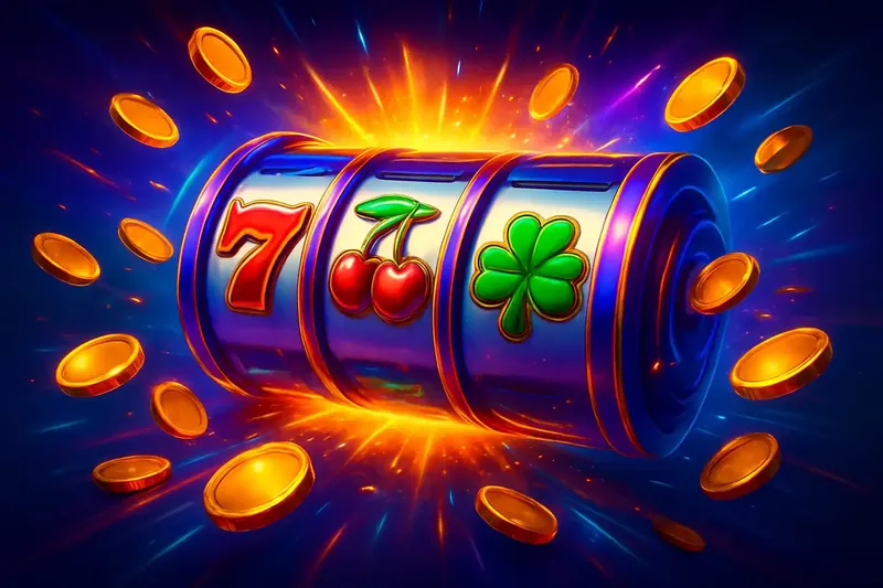 Colorful spinning slot machine reels with coins, sparkles, and neon glow